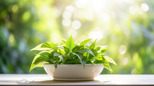 a plant in a white bowl on a table