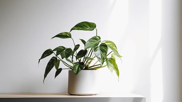 A plant in a white ceramic pot with a green plant in it.