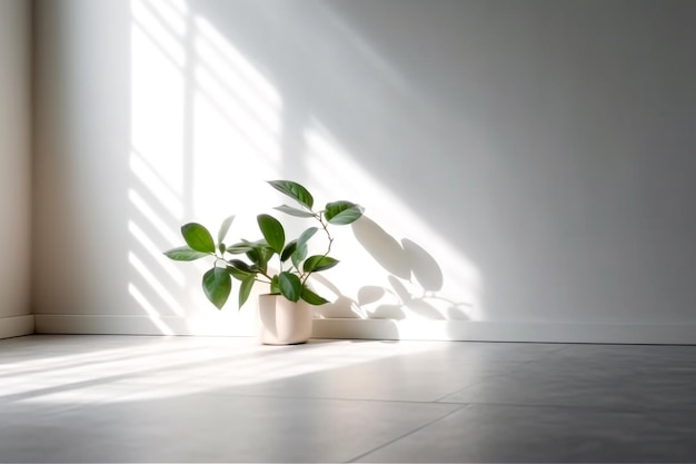 A plant in a white pot on a floor next to a window