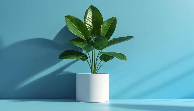 白いポットの植物が青いテーブルにあります