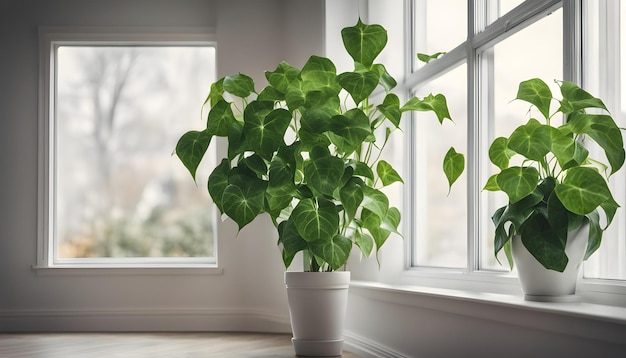 a plant in a white pot sits in front of a window