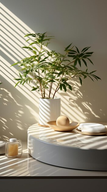 a plant in a white pot sits on a table in front of a window