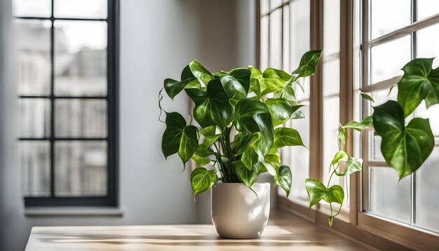 a plant in a white pot sits on a table