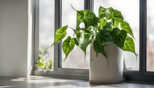 Photo a plant in a white pot sits on a window sill