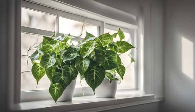 a plant in a white pot sits on a window sill