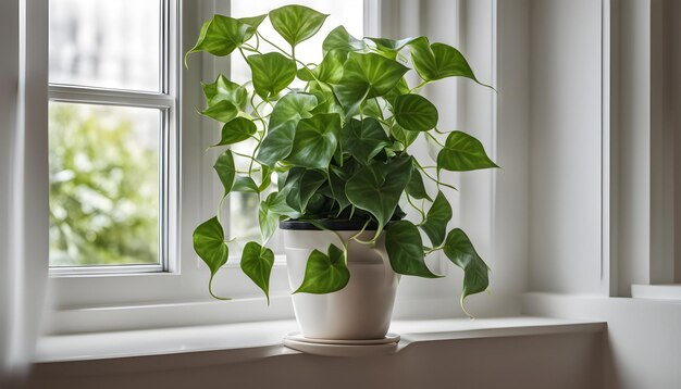 Photo a plant in a white pot sits on a windowsill