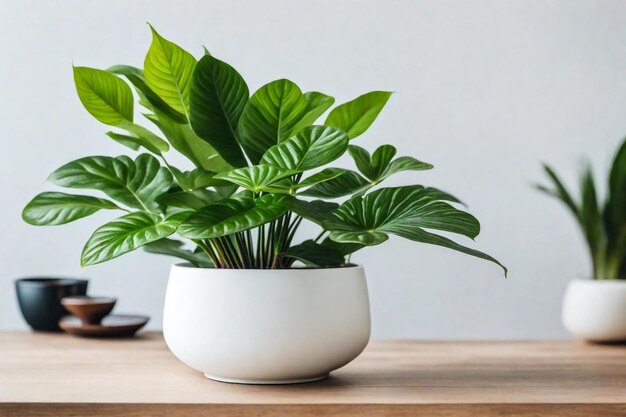 a plant in a white pot sits on a wooden table