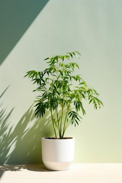 Plant in white pot on table with shadow of wall behind it Generative AI