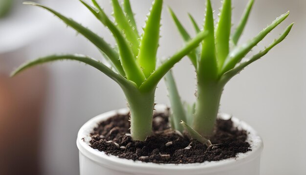 a plant in a white pot with a green spiky leaf