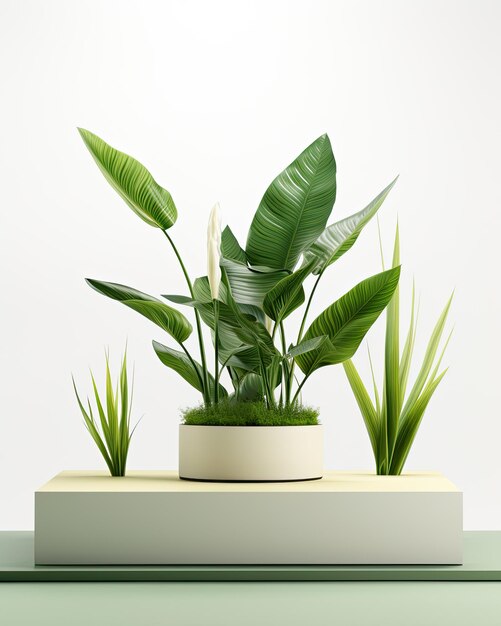 A plant on a white shelf with a white background.