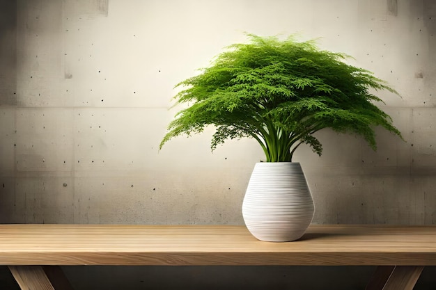 A plant in a white vase with a green leafy plant in it.