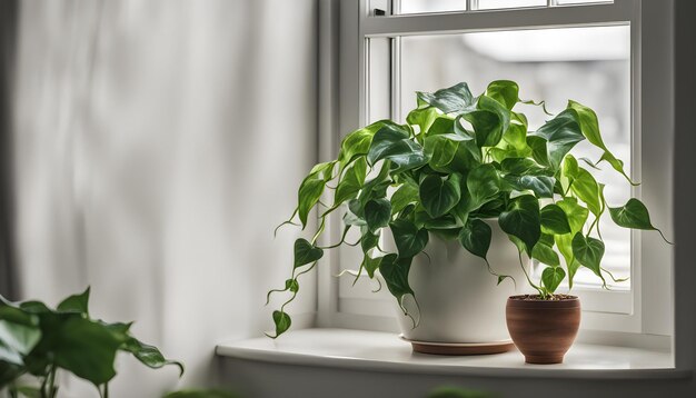 a plant on a window sill with a curtain in the background