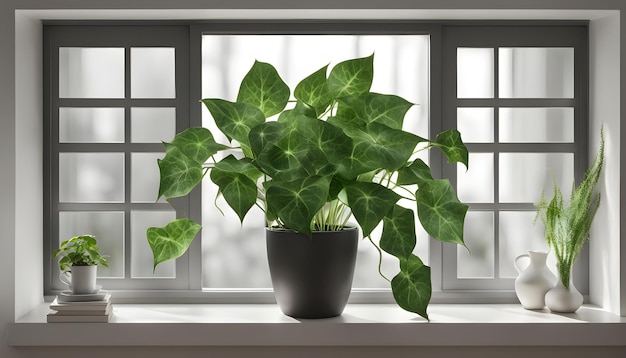 a plant on a window sill with a plant in it