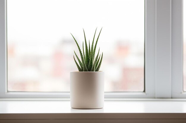 a plant on a window sill with a window behind it