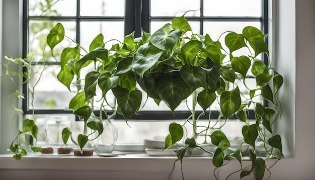 a plant in a window sill with a window behind it