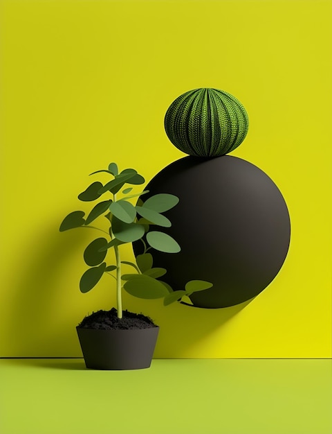 A plant with black globe with yellow background