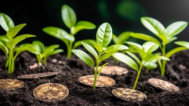 A plant with coins in the soil