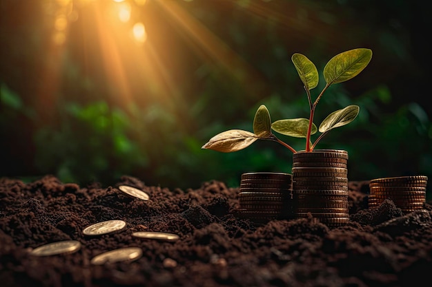 A plant with coins on top of it