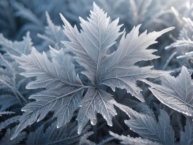 Photo a plant with frost on its leaves and a blue sky background