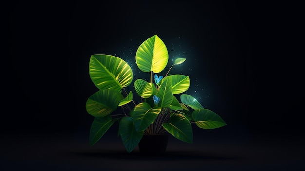 A plant with green leaves in a dark room