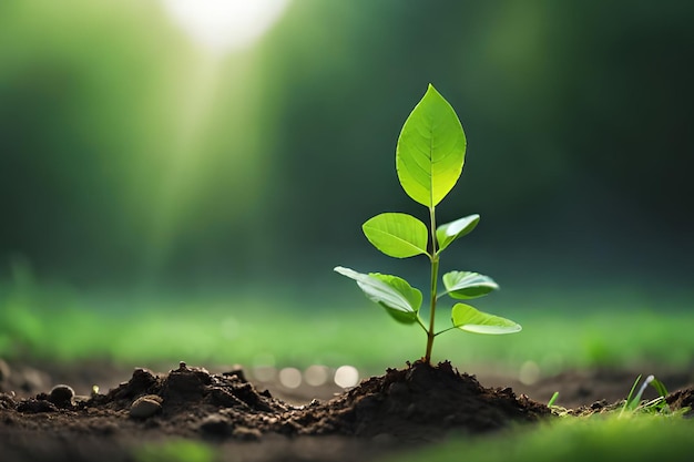 A plant with green leaves growing in the dirt