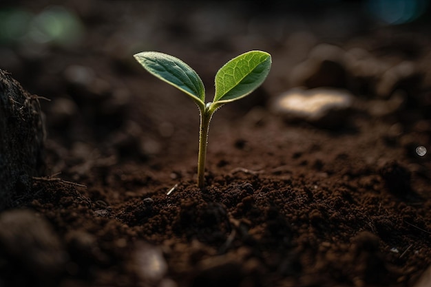 緑の葉を持つ植物が土の中にいる