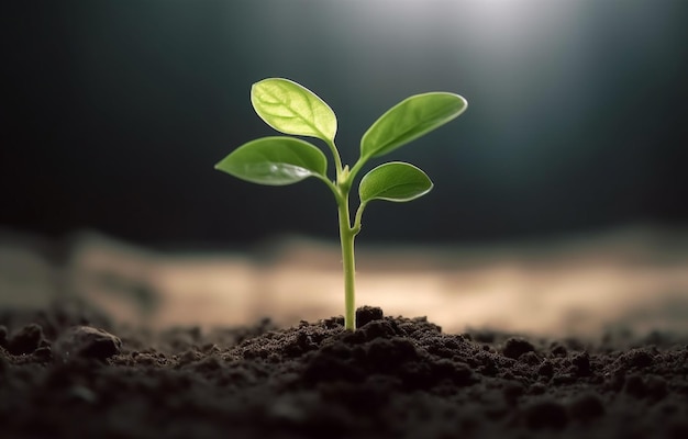 A plant with green leaves is growing in the dirt.