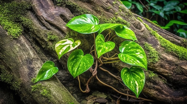 A plant with green leaves is growing on a tree trunk.