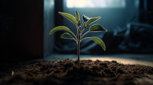 A plant with green leaves in the middle of the soil