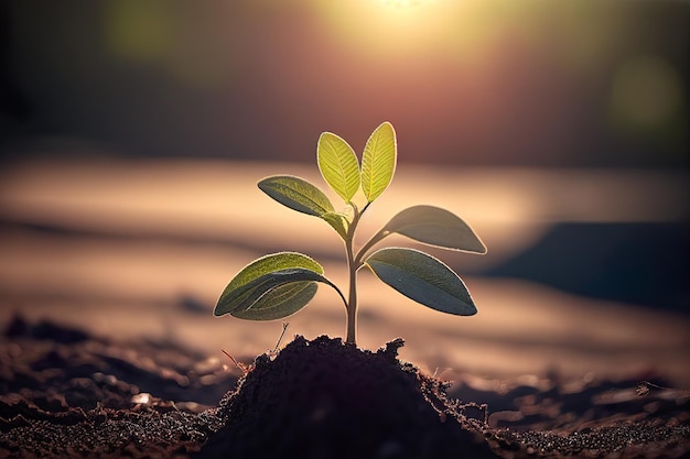 A plant with green leaves sprouting from the ground