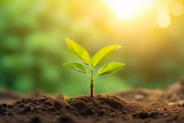 A plant with green leaves sprouting from the ground