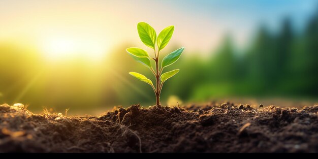 A plant with green leaves sprouting from the ground