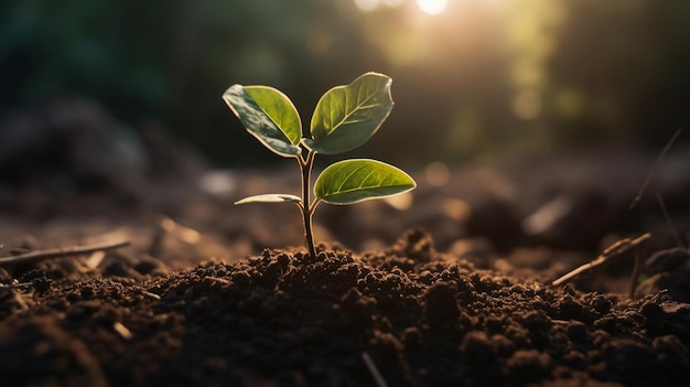 A plant with green leaves sprouting from the ground