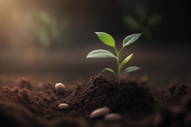 A plant with green leaves sprouting from the ground