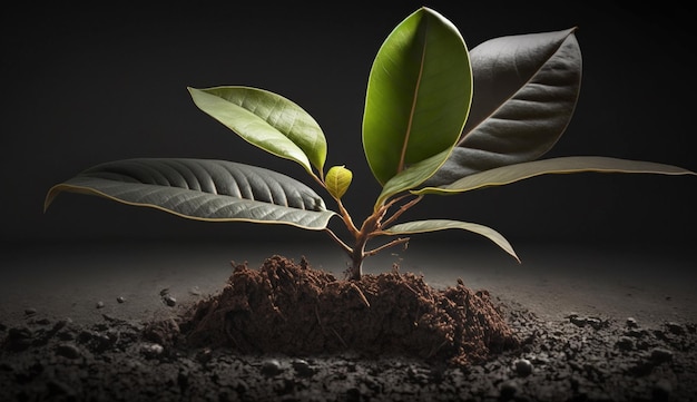 A plant with green leaves sprouting from its roots