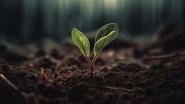 A plant with green leaves sprouting from the soil.