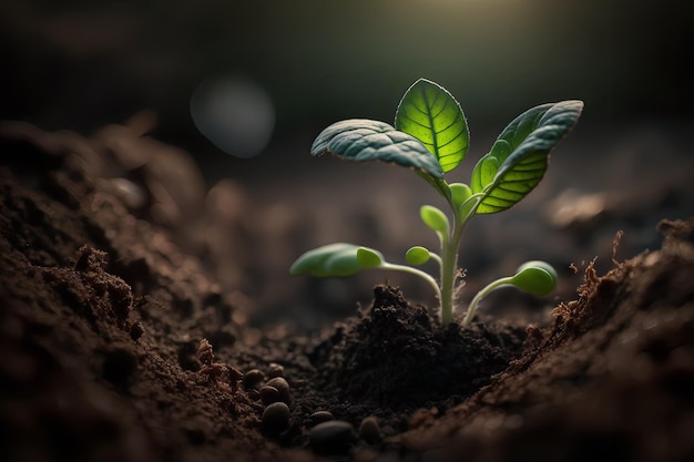 A plant with green leaves sprouting from the soil