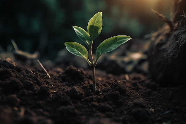 A plant with green leaves sprouting from the soil