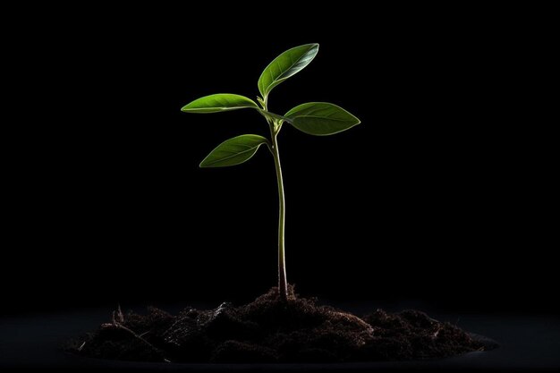 土の中に生えている緑の葉を持つ植物。