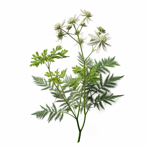 a plant with green leaves and white flowers on a white background.