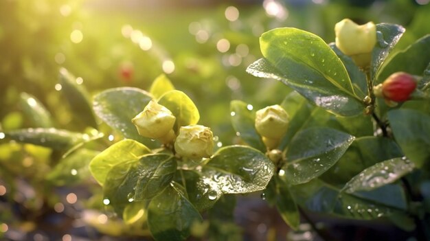 Photo a plant with green leaves and yellow flowers in the sunlight