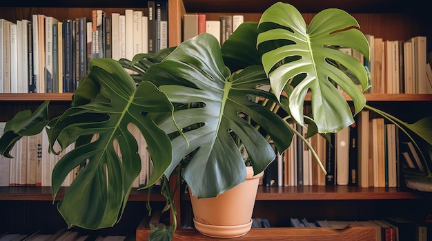 A plant with large leaves sits on a shelf in front of a bookcase.