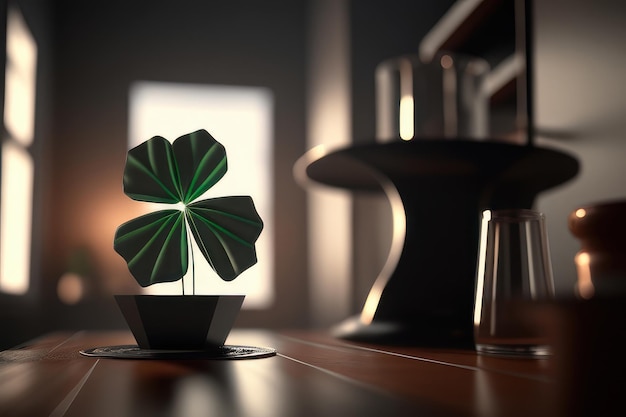 A plant with a leaf in it sits on a table in a bar.