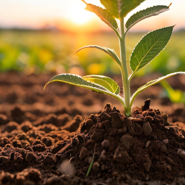 A plant with leaves in the soil