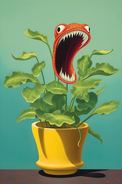 A plant with a mouth that has a monster face on it