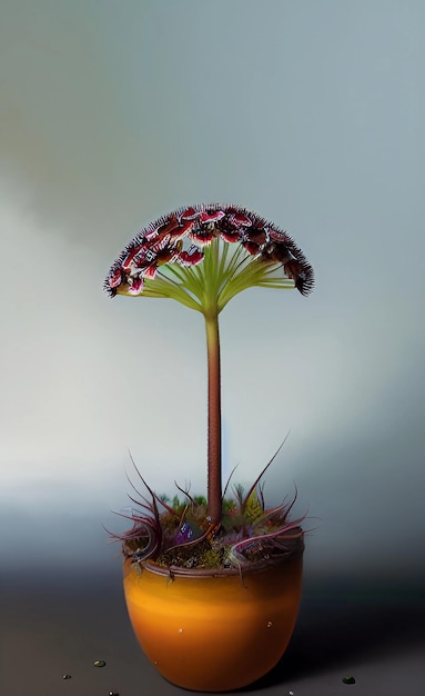 A plant with a mushroom shaped like a flower with red and black spots.