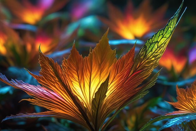 a plant with orange and yellow leaves and a colorful light in the background.