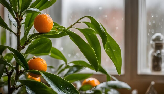 Photo a plant with oranges and green leaves on it