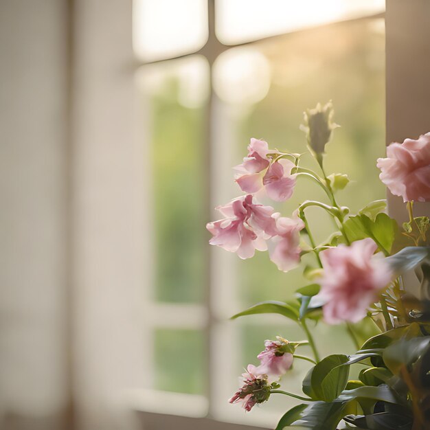 a plant with pink flowers in front of a window