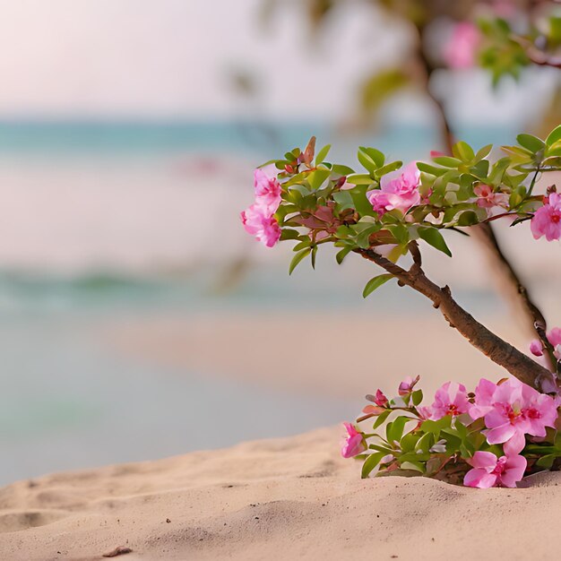 a plant with pink flowers in the sand on a beach